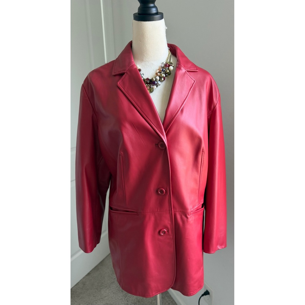 Preston & York Vintage Red Lambskin Leather Button Front Blazer Jacket Coat XL